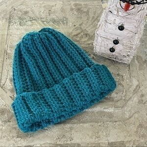 Handmade NWT Cable Knit Ribbed Hat Blue Green Extra Warm Crochet Beanie OS